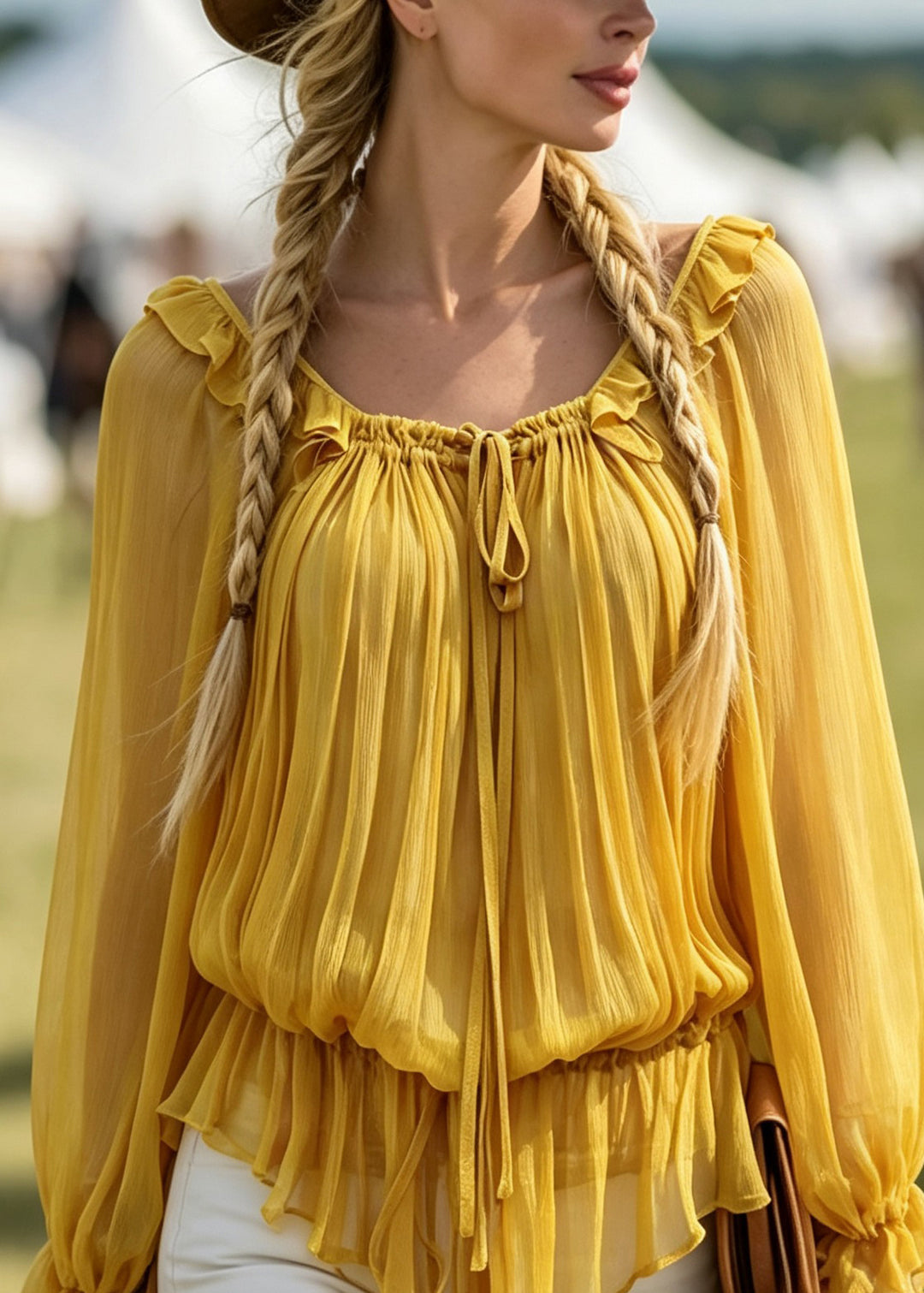 Style Yellow Ruffled Lace Up Patchwork Chiffon Shirt Tops Fall