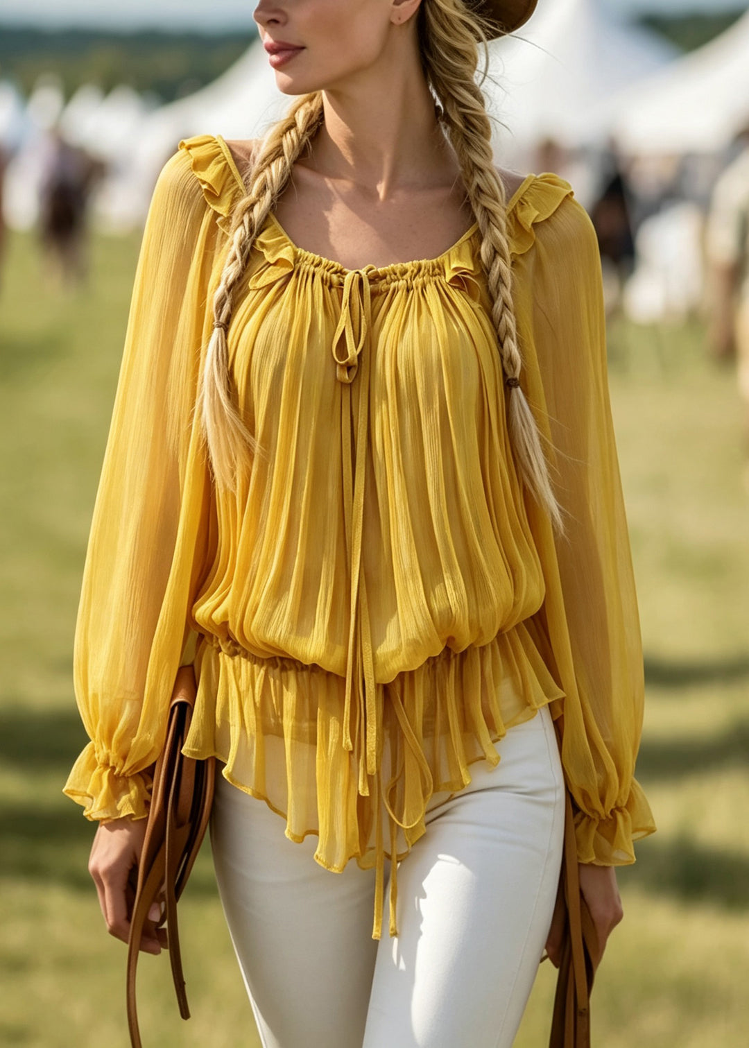 Style Yellow Ruffled Lace Up Patchwork Chiffon Shirt Tops Fall