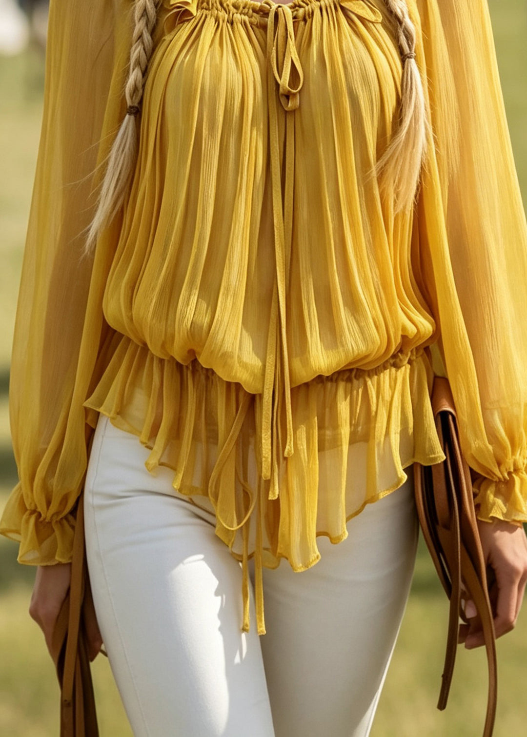 Style Yellow Ruffled Lace Up Patchwork Chiffon Shirt Tops Fall