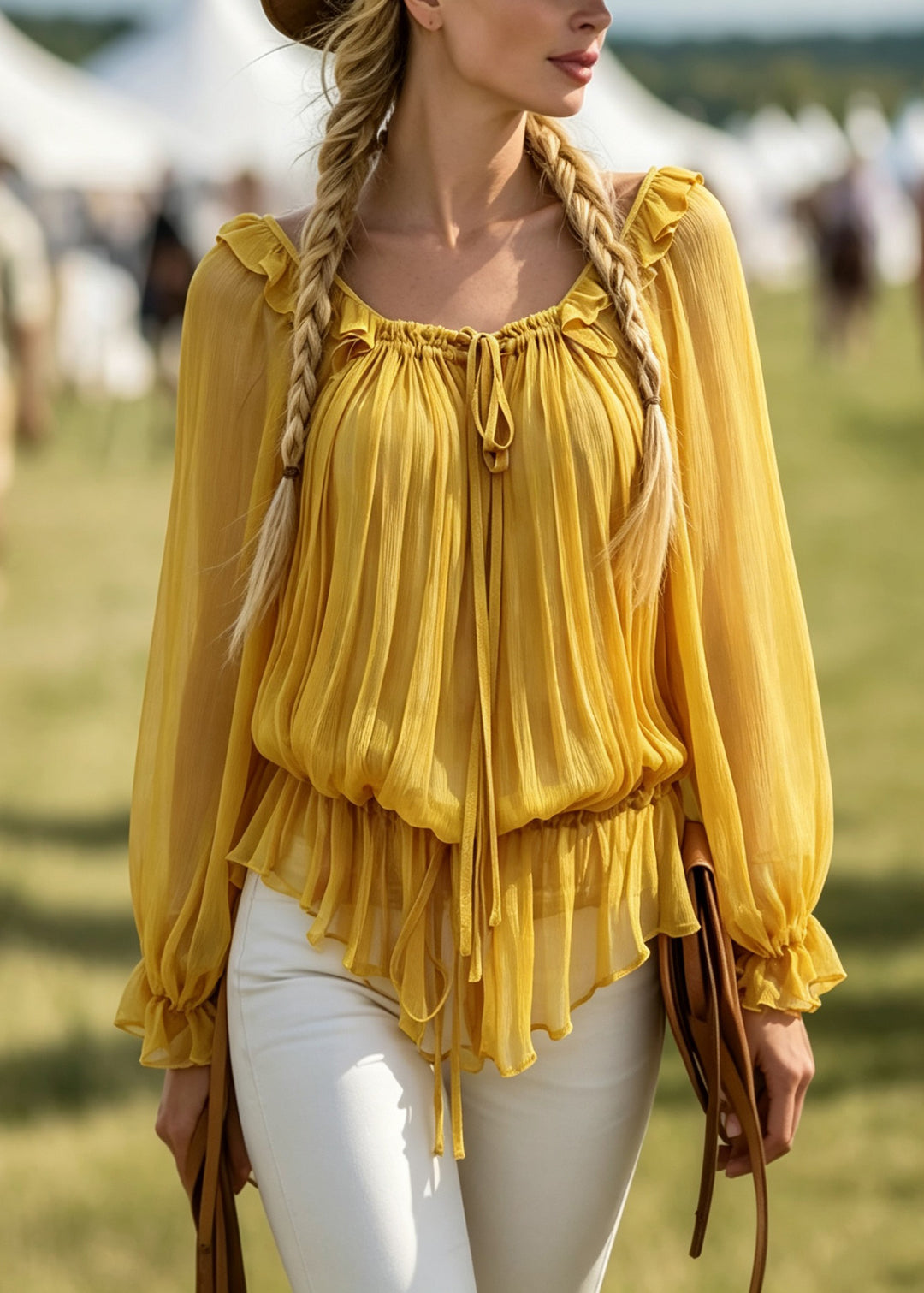 Style Yellow Ruffled Lace Up Patchwork Chiffon Shirt Tops Fall