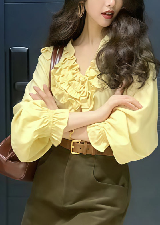 Style Yellow Ruffled Oversized Cotton Blouse Top Fall