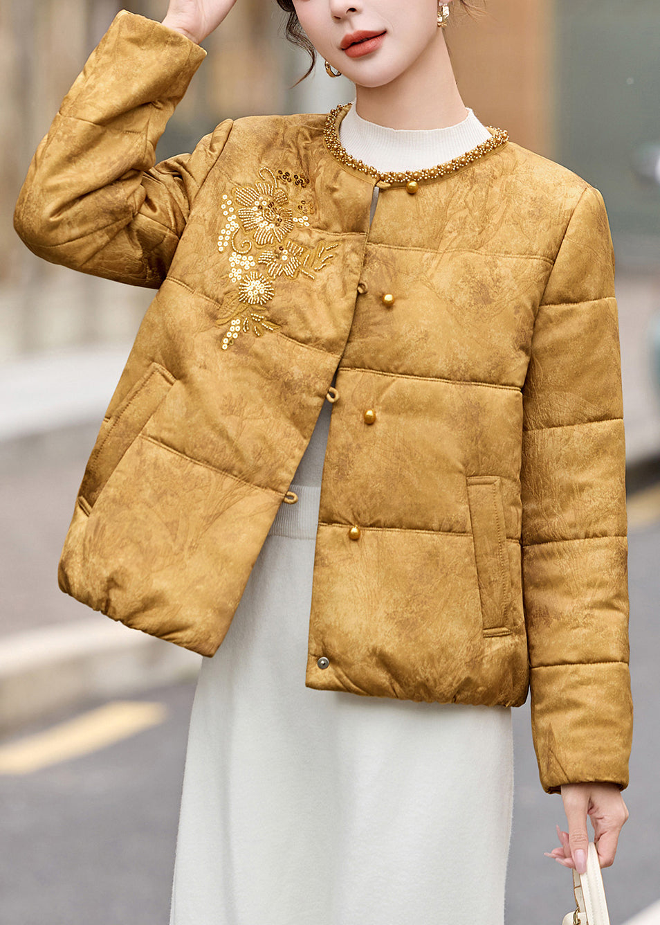 Style Yellow Sequins Embroidered Fine Cotton Filled Women Witner Coats