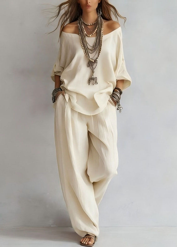 Style Yellow Slash Neck Solid Top And Wide Leg Pants Two Pieces Set Long Sleeve