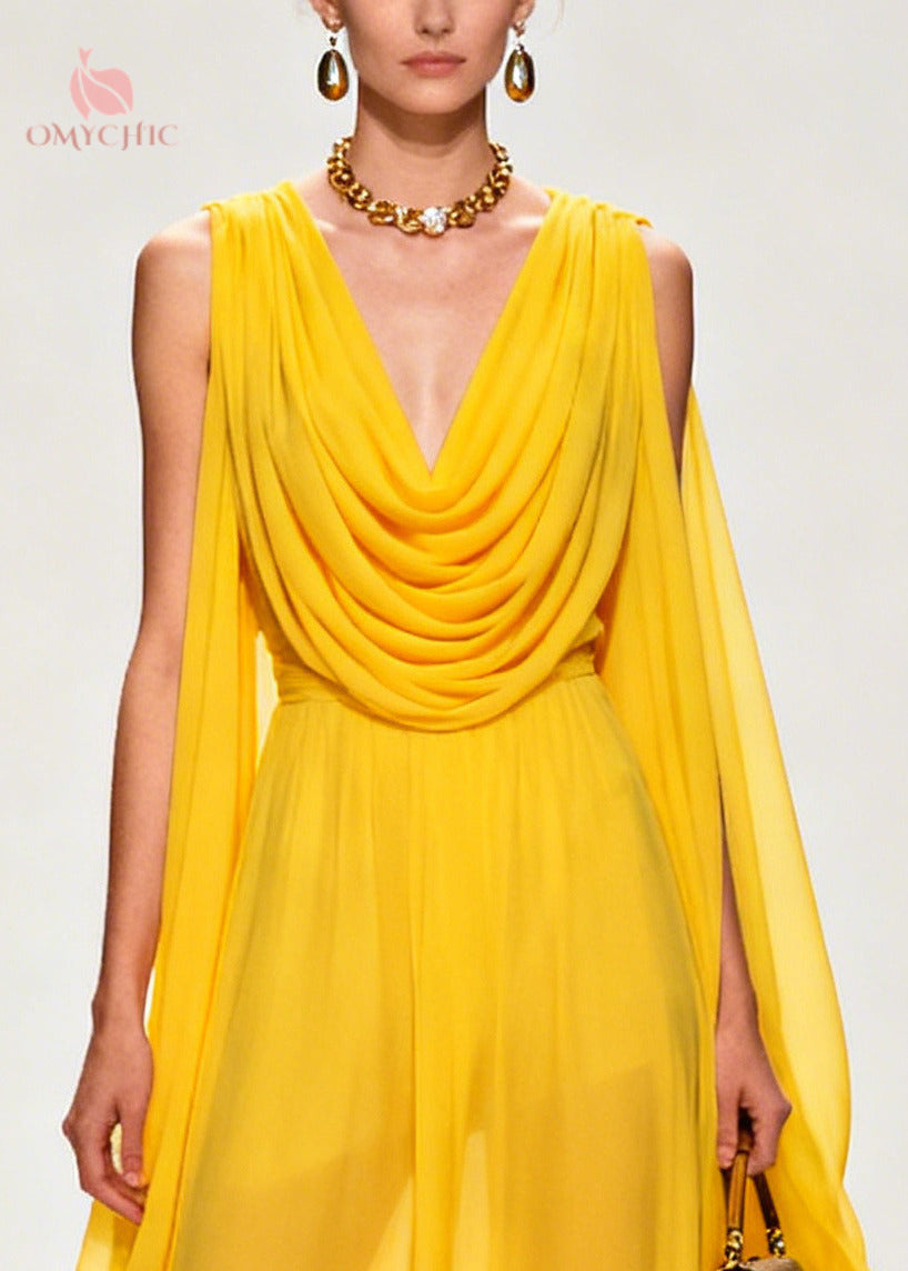 Style Yellow Turtle Neck Exra Large Hem Flower Chiffon Dresses Sleeveless