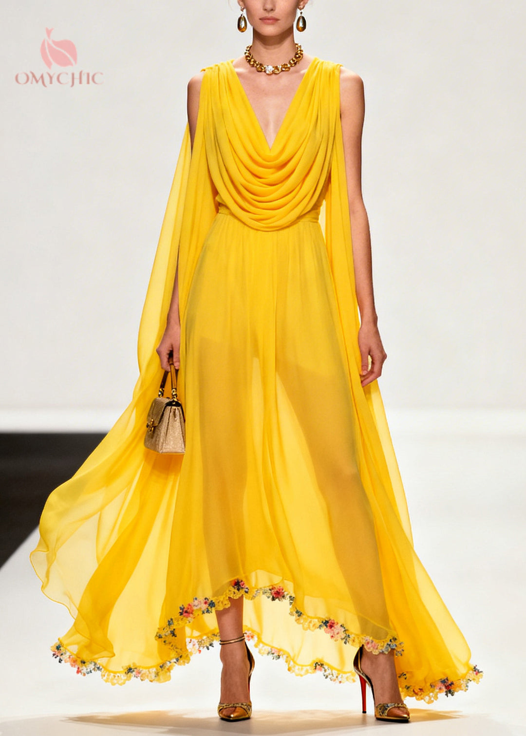 Style Yellow Turtle Neck Exra Large Hem Flower Chiffon Dresses Sleeveless