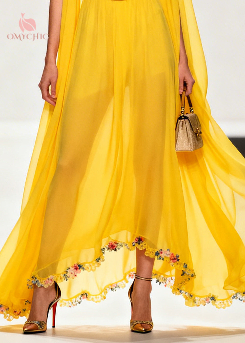 Style Yellow Turtle Neck Exra Large Hem Flower Chiffon Dresses Sleeveless