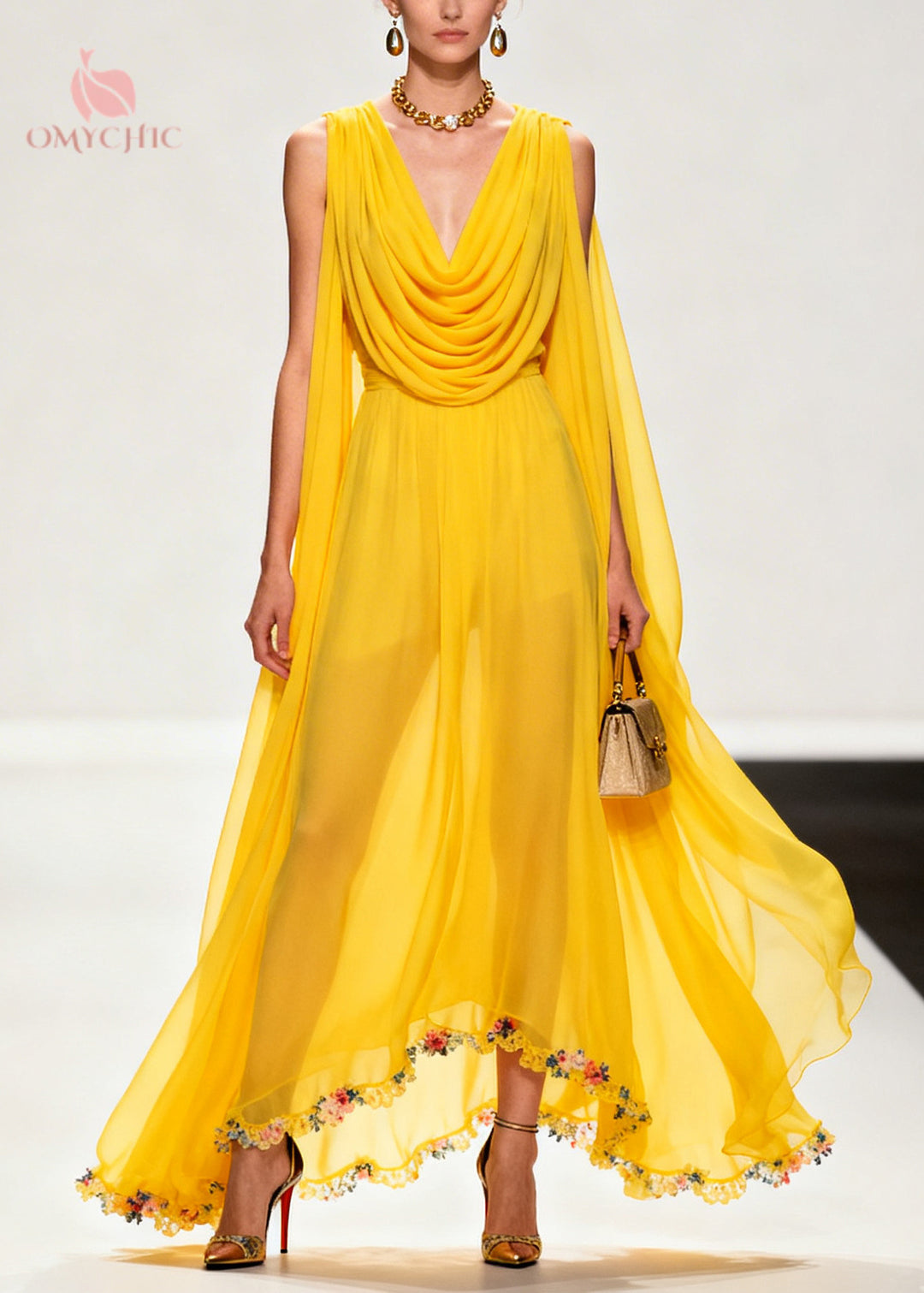 Style Yellow Turtle Neck Exra Large Hem Flower Chiffon Dresses Sleeveless
