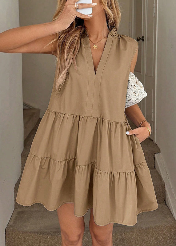 Style Yellow V Neck Oversized Cotton Holiday Dresses Sleeveless