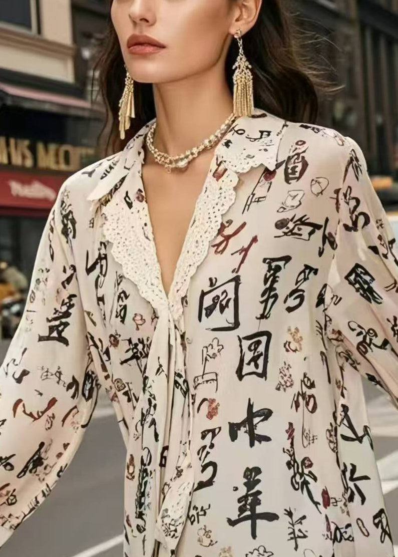 Stylish Apricot Asymmetrical Print Chiffon Top Spring