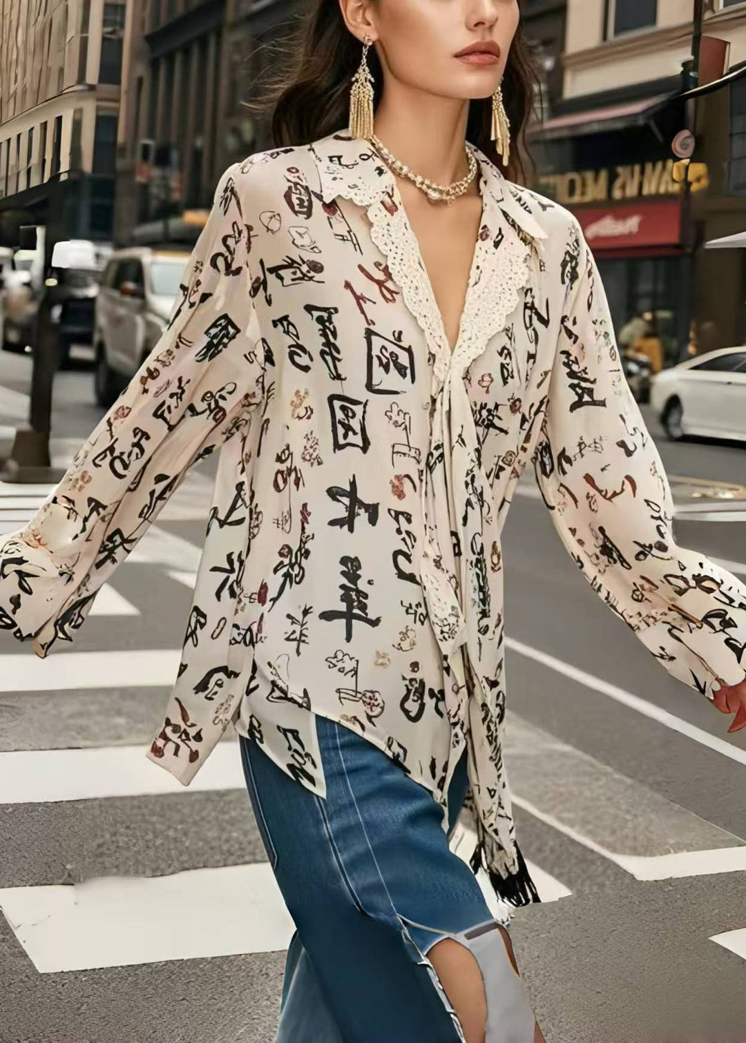 Stylish Apricot Asymmetrical Print Chiffon Top Spring