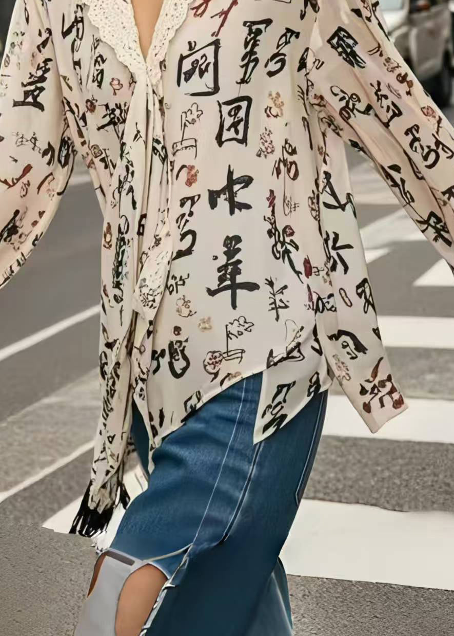 Stylish Apricot Asymmetrical Print Chiffon Top Spring