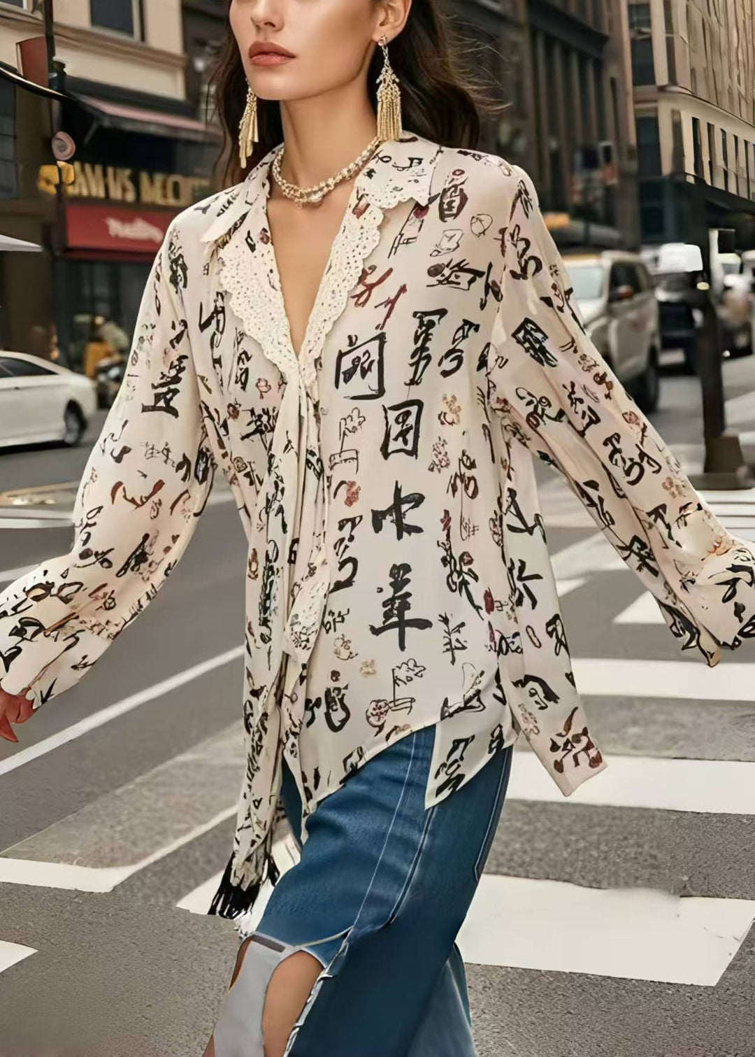 Stylish Apricot Asymmetrical Print Chiffon Top Spring