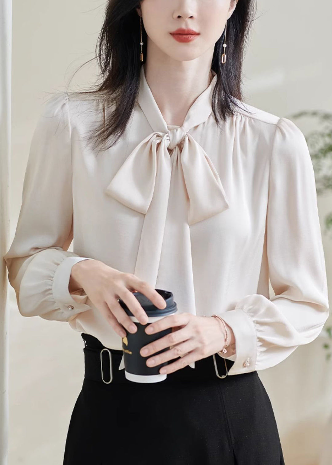 Stylish Apricot Bow Solid Silk Shirts Fall