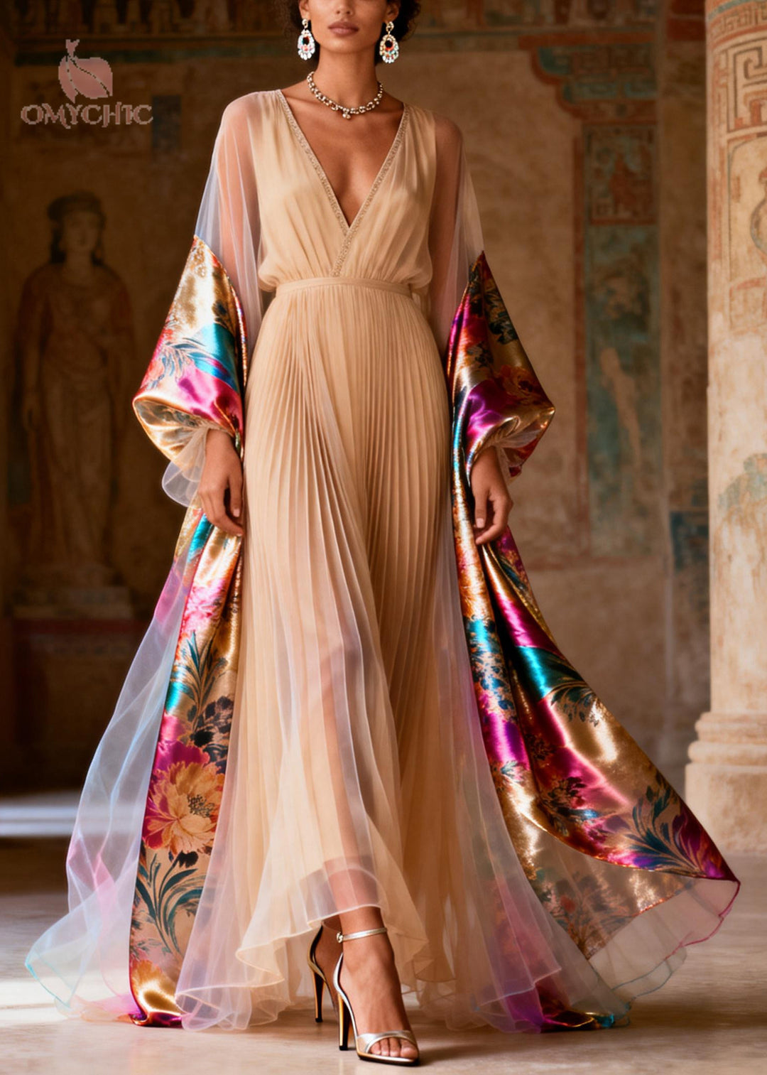 Stylish Apricot Exra Large Hem Patchwork Chiffon Pleated Dress Summer