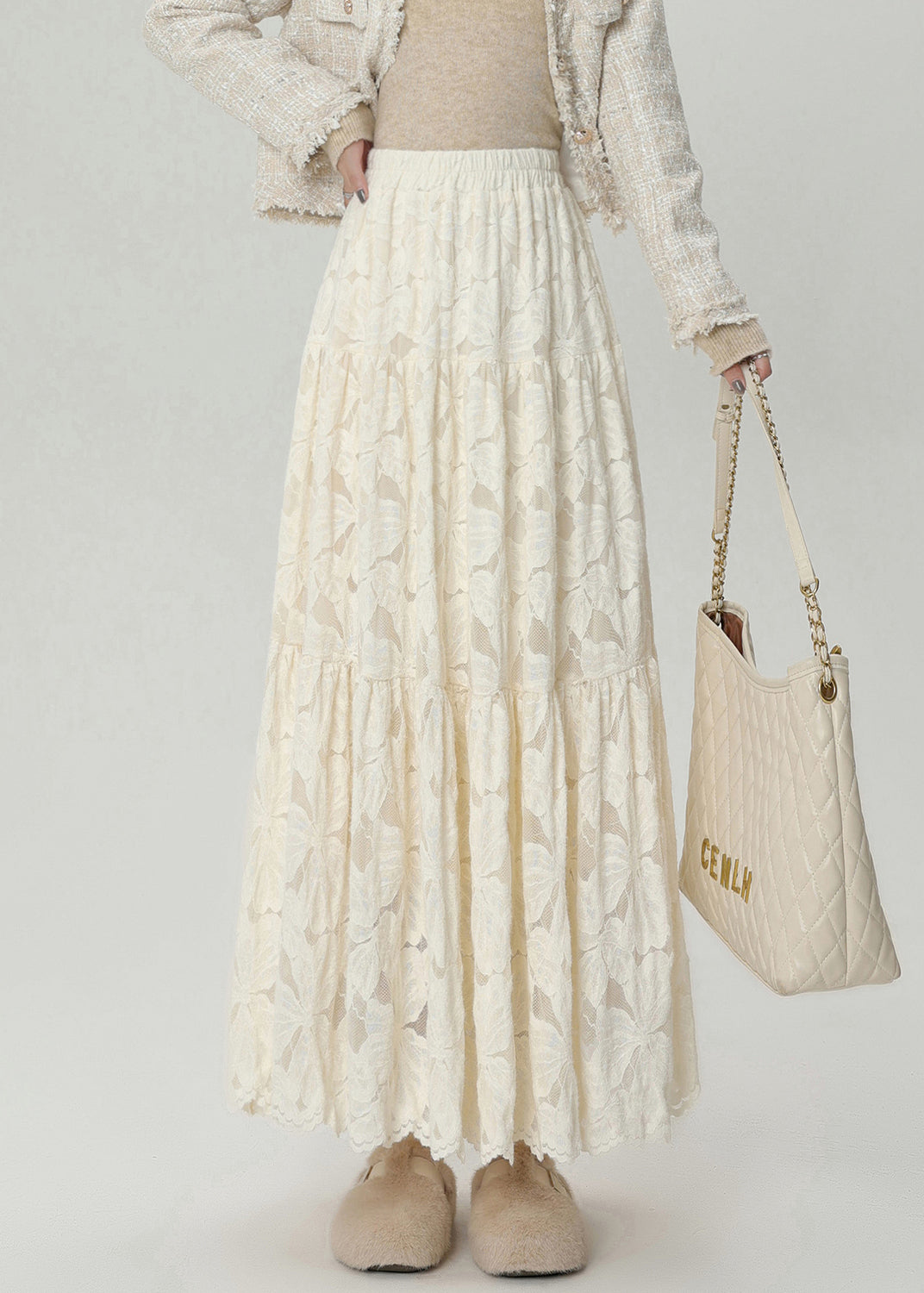 Stylish Apricot Lace High Waist Warm Fleece Maxi Skirts