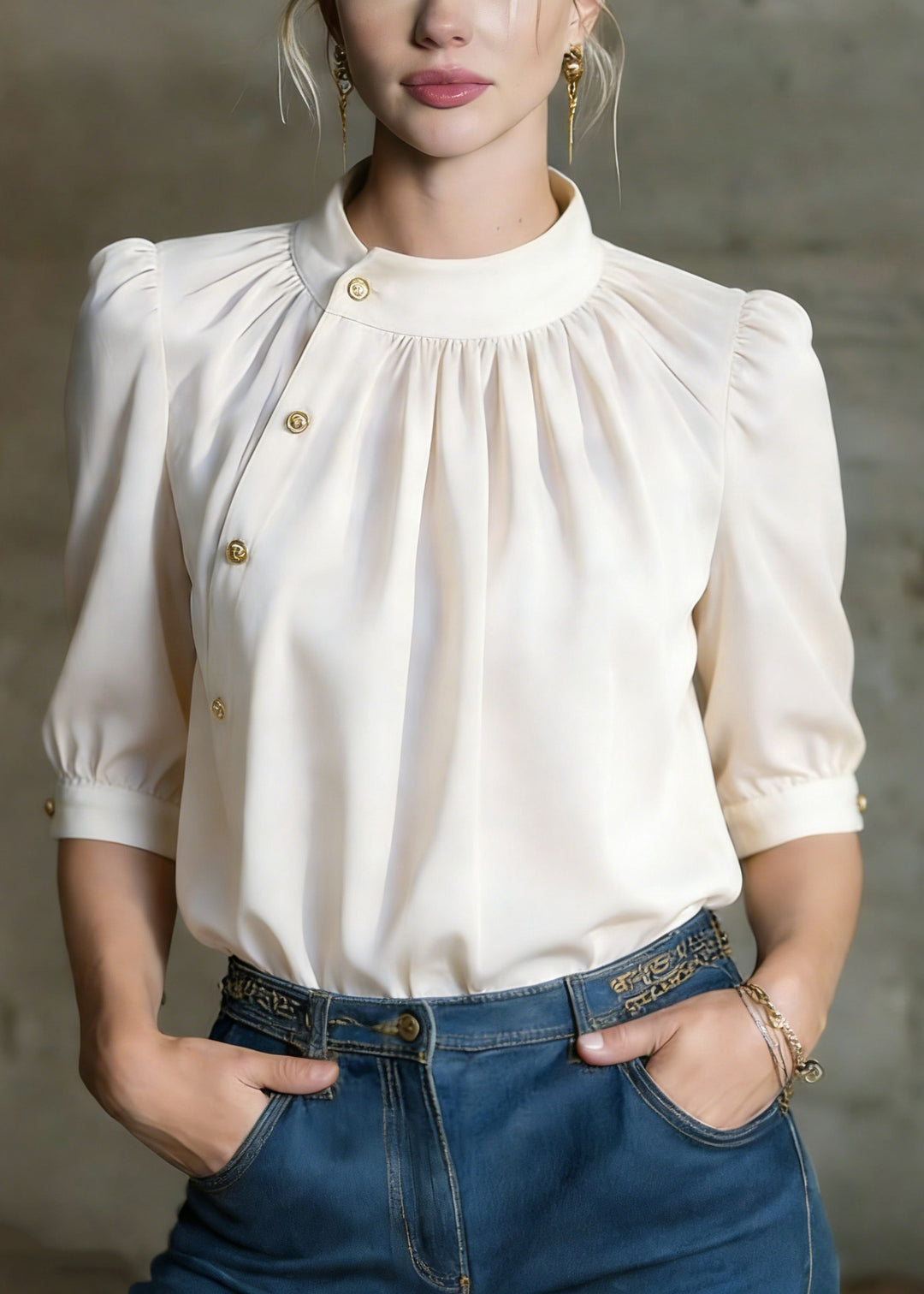 Stylish Apricot O-Neck Button Silk Shirts Summer