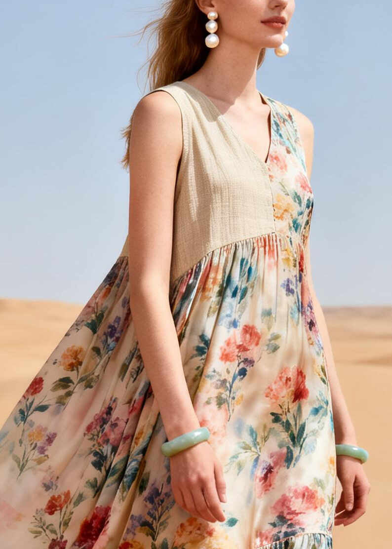 Stylish Apricot Oversized Patchwork Linen Chiffon Holiday Dress Summer