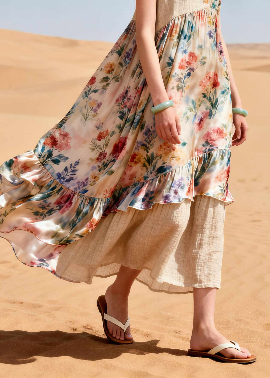 Stylish Apricot Oversized Patchwork Linen Chiffon Holiday Dress Summer