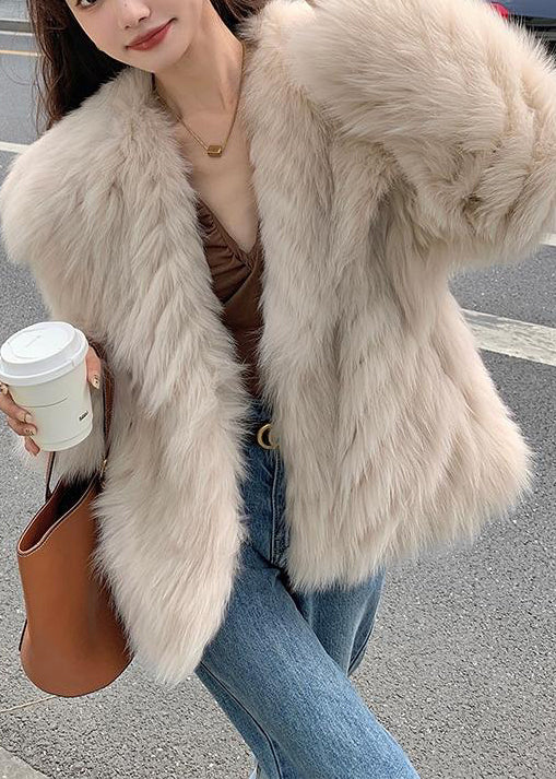 Stylish Apricot Peter Pan Collar Leather And Fur Coats Spring