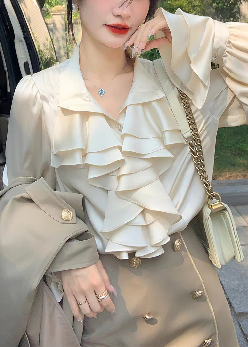 Stylish Apricot Peter Pan Collar Ruffled Chiffon Shirts Spring