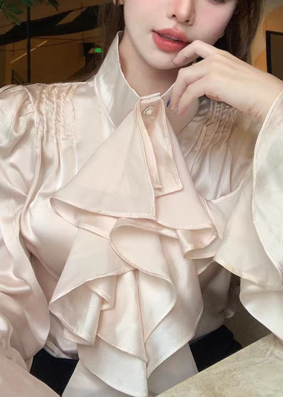 Stylish Apricot Peter Pan Collar Ruffled Chiffon Shirts Spring