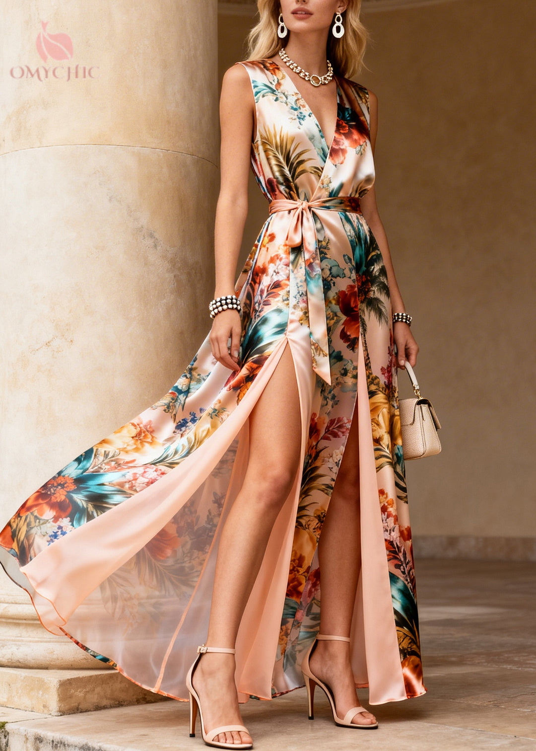 Stylish Apricot Print Side Open Chiffon Party Dress Sleeveless