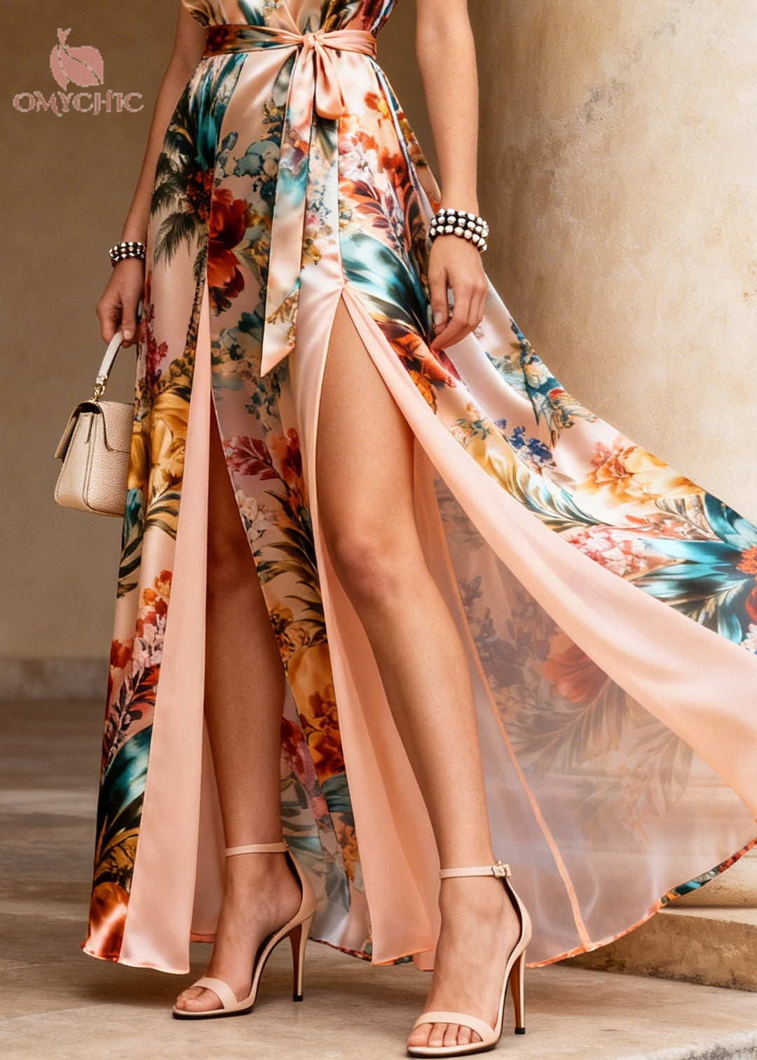 Stylish Apricot Print Side Open Chiffon Party Dress Sleeveless