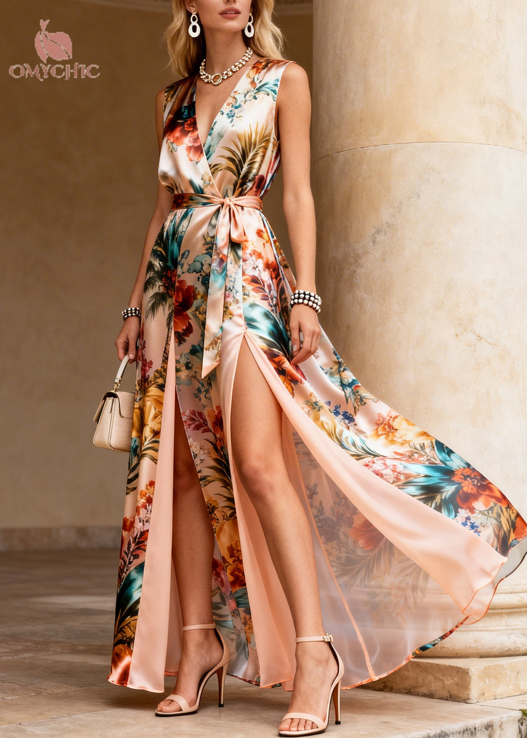 Stylish Apricot Print Side Open Chiffon Party Dress Sleeveless