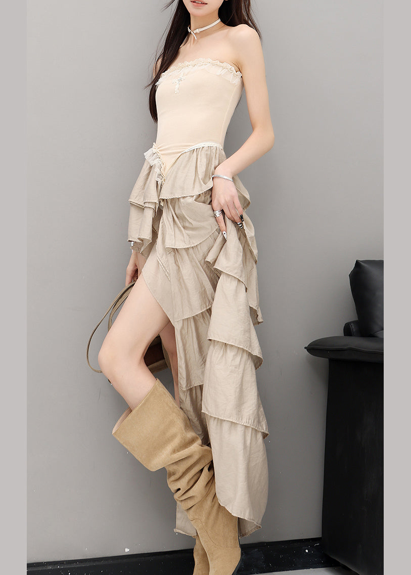 Stylish Apricot Ruffled Asymmetrical Design Strapless Dress Summer