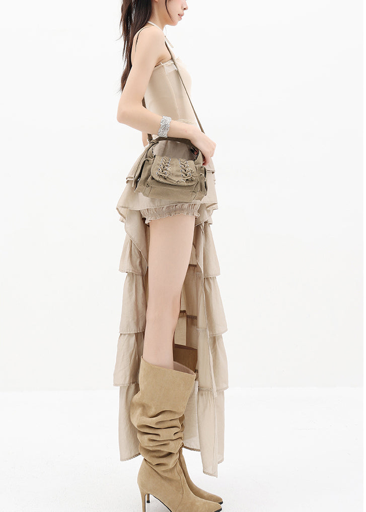 Stylish Apricot Ruffled Asymmetrical Design Strapless Dress Summer