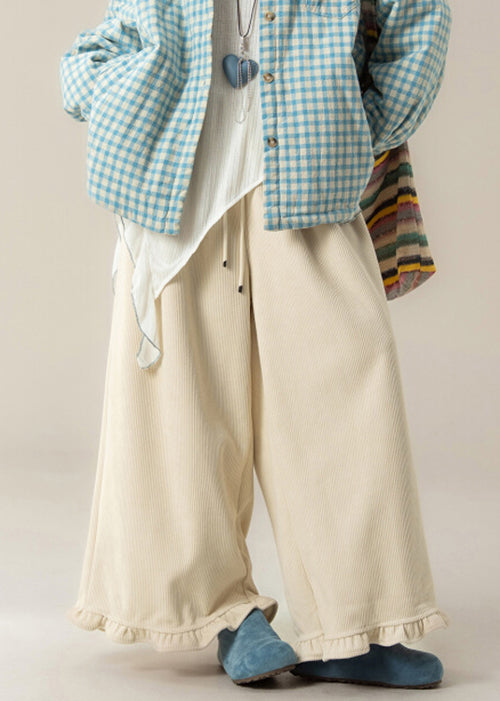 Stylish Apricot Ruffled Elastic Waist Corduroy Wide Leg Pants Winter