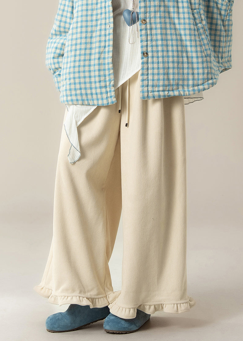 Stylish Apricot Ruffled Elastic Waist Corduroy Wide Leg Pants Winter