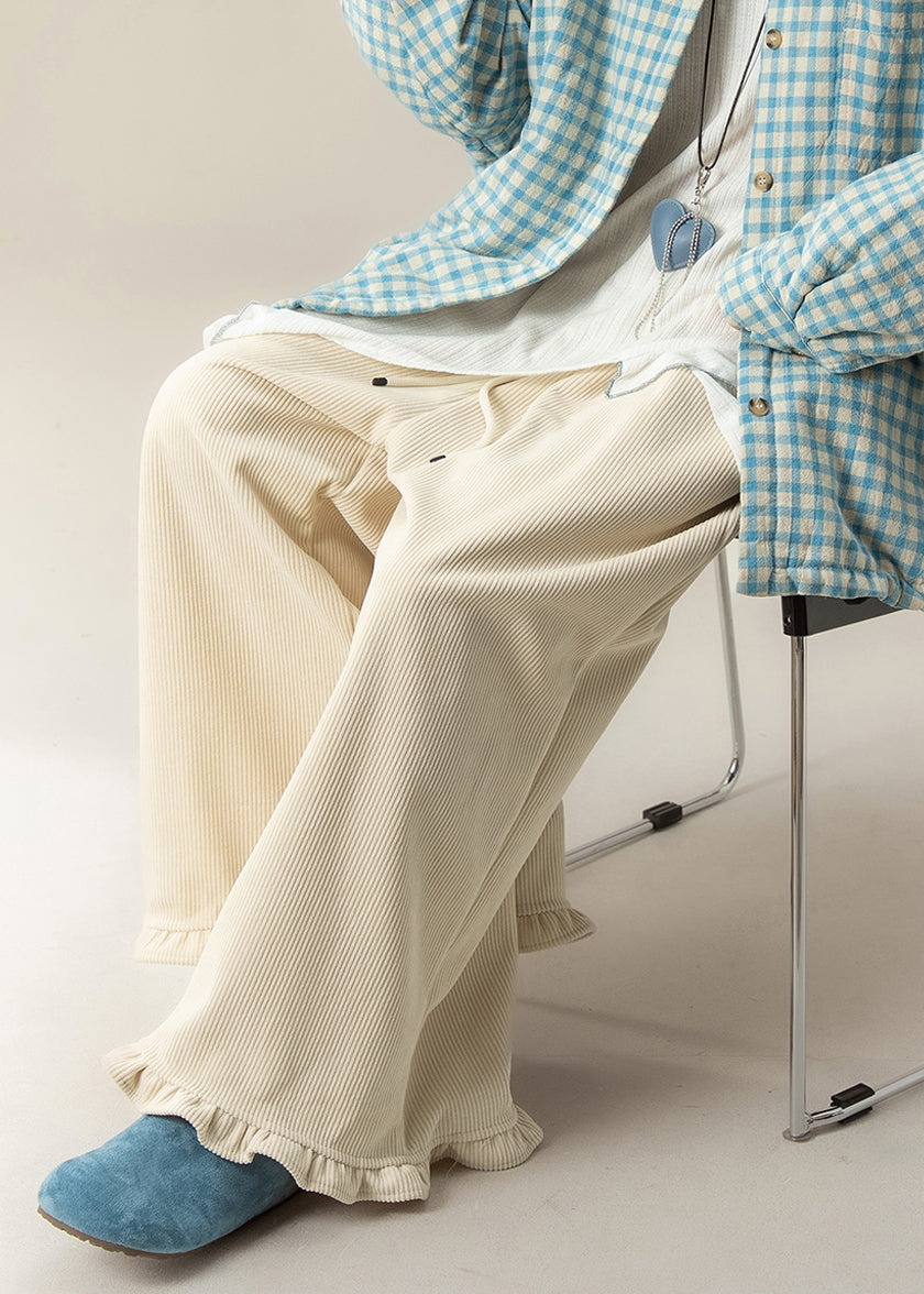 Stylish Apricot Ruffled Elastic Waist Corduroy Wide Leg Pants Winter