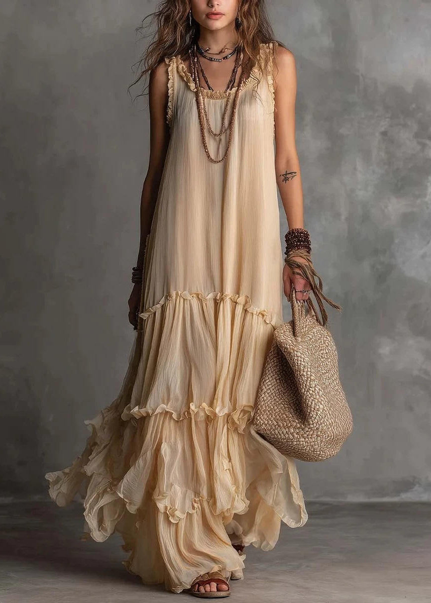 Stylish Apricot Ruffled O-Neck Chiffon Ankle Dress Sleeveless