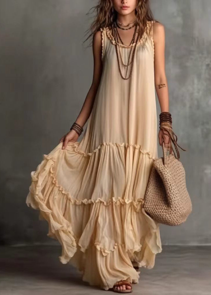 Stylish Apricot Ruffled O-Neck Chiffon Ankle Dress Sleeveless
