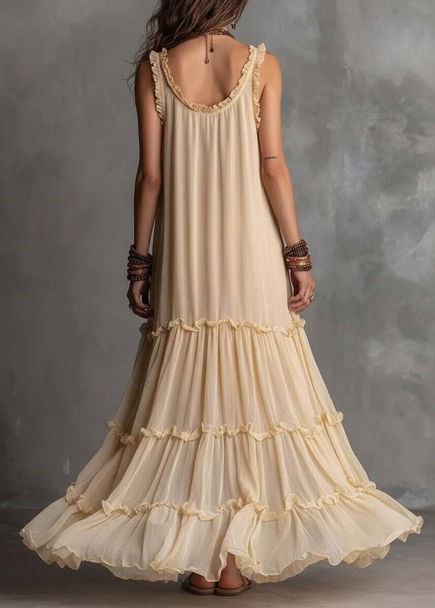 Stylish Apricot Ruffled O-Neck Chiffon Ankle Dress Sleeveless
