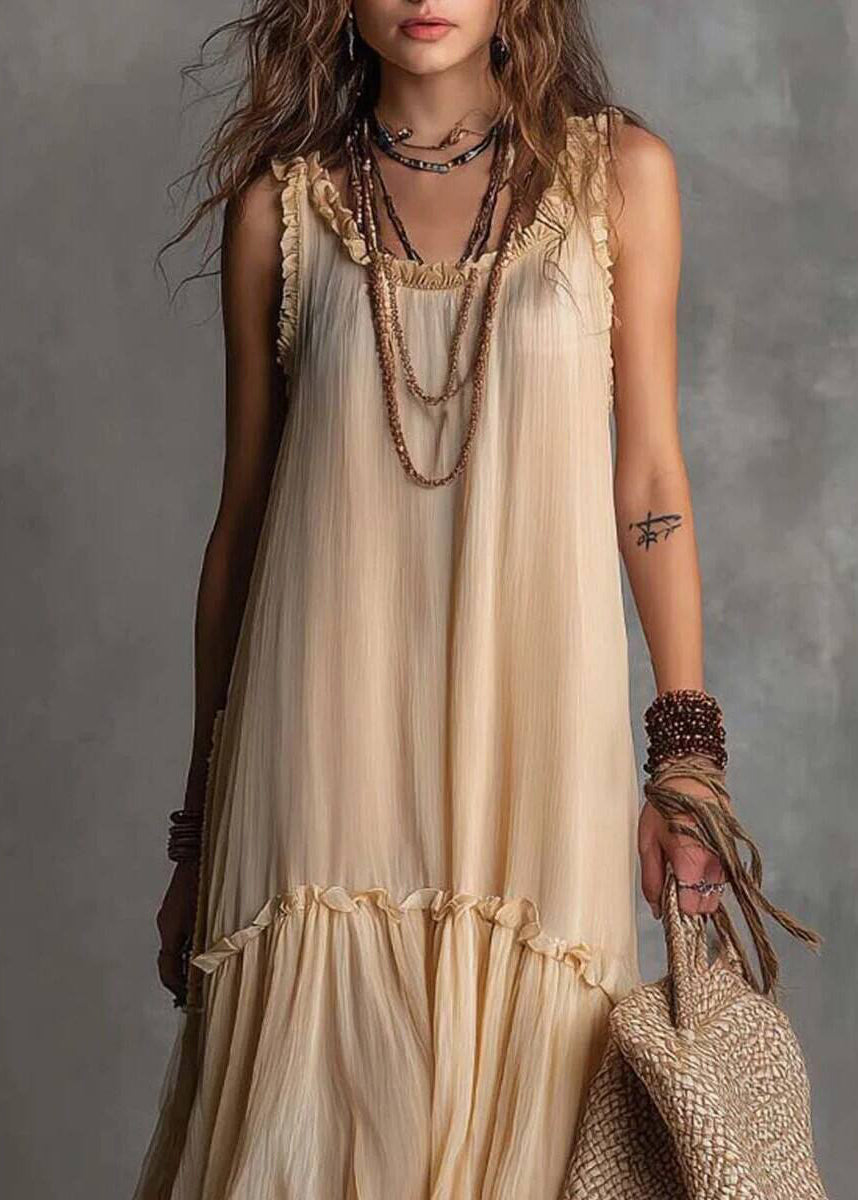 Stylish Apricot Ruffled O-Neck Chiffon Ankle Dress Sleeveless