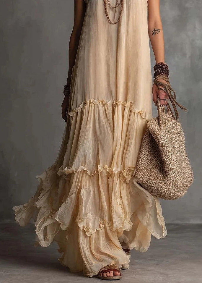 Stylish Apricot Ruffled O-Neck Chiffon Ankle Dress Sleeveless