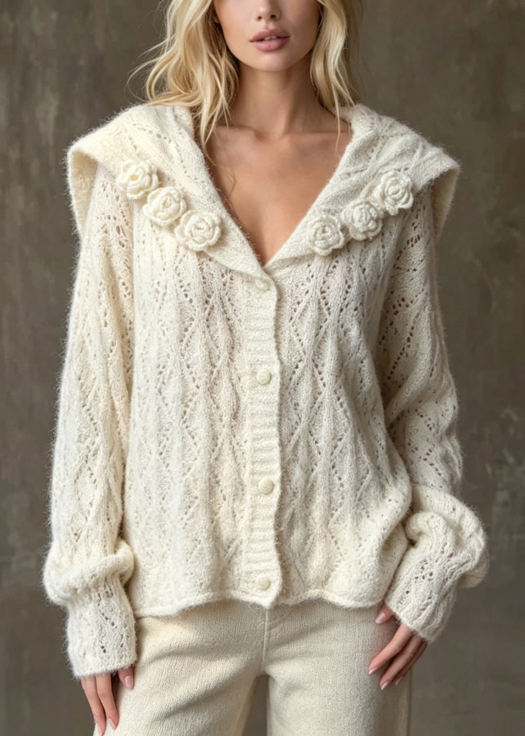 Stylish Apricot Sailor Collar Floral Knit Cardigan Fall
