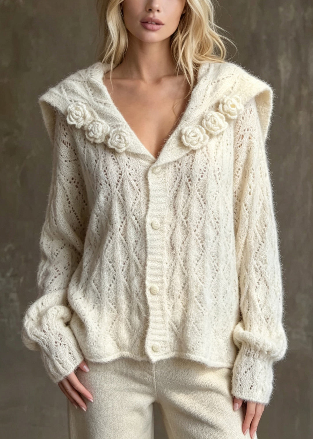 Stylish Apricot Sailor Collar Floral Knit Cardigan Fall