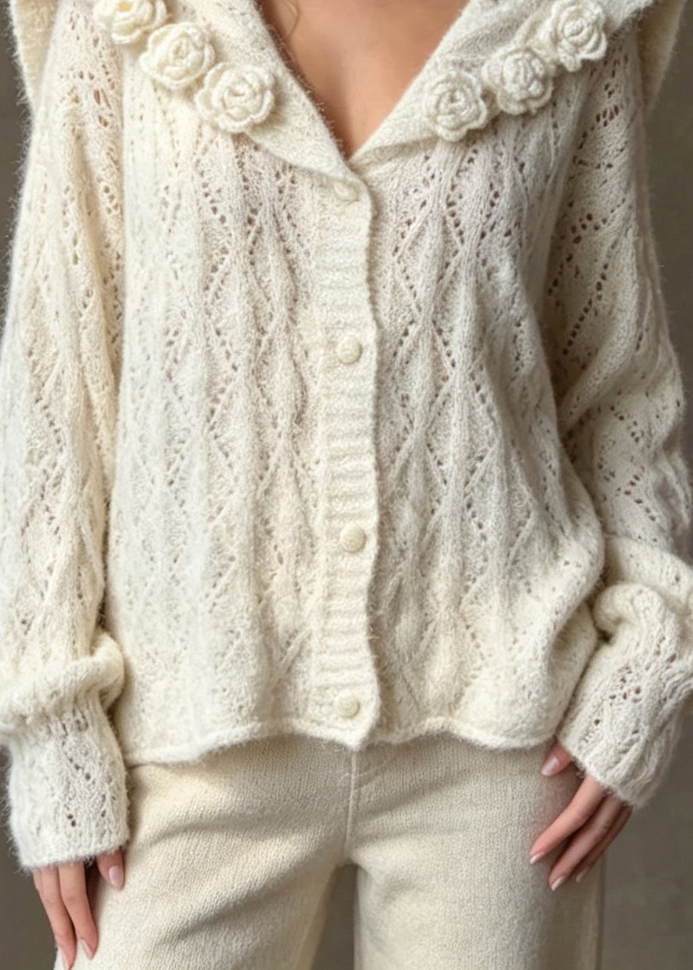 Stylish Apricot Sailor Collar Floral Knit Cardigan Fall