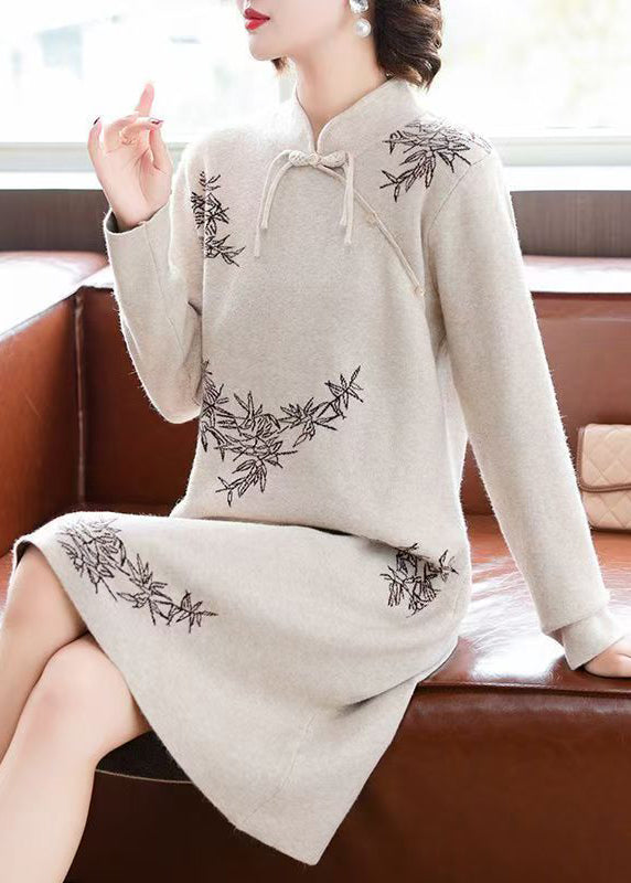 Stylish Apricot Stand Collar Button Cotton Knit Long Sweaters Dress Fall