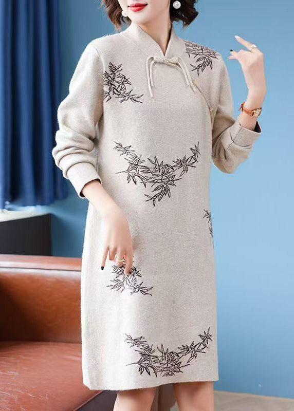 Stylish Apricot Stand Collar Button Cotton Knit Long Sweaters Dress Fall