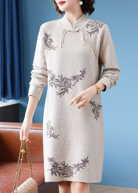 Stylish Apricot Stand Collar Button Cotton Knit Long Sweaters Dress Fall