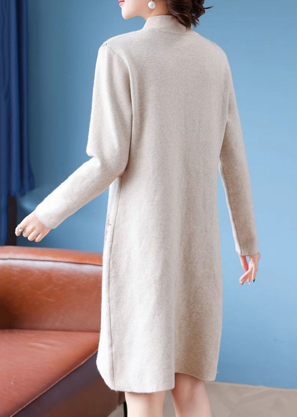 Stylish Apricot Stand Collar Button Cotton Knit Long Sweaters Dress Fall