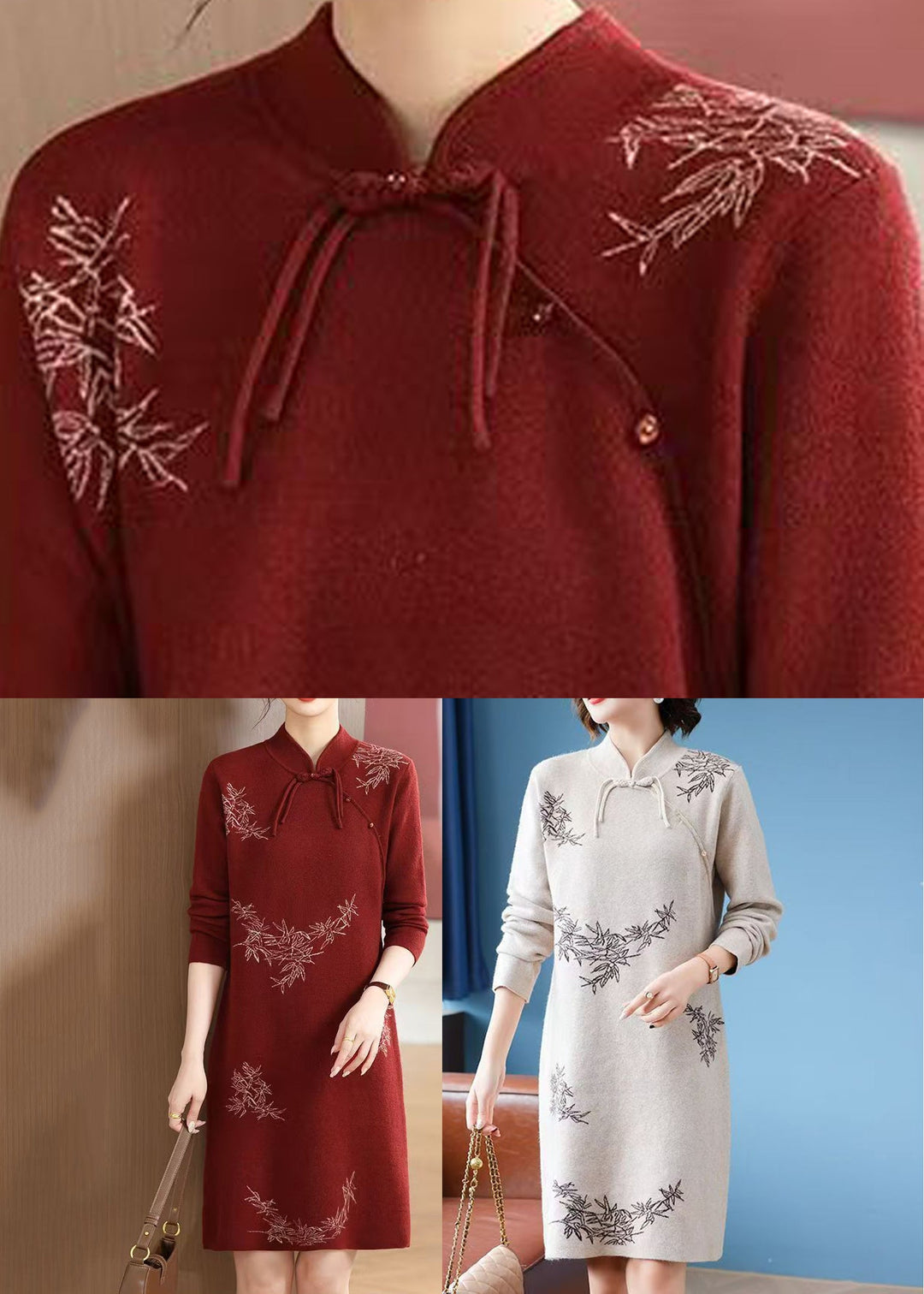 Stylish Apricot Stand Collar Button Cotton Knit Long Sweaters Dress Fall