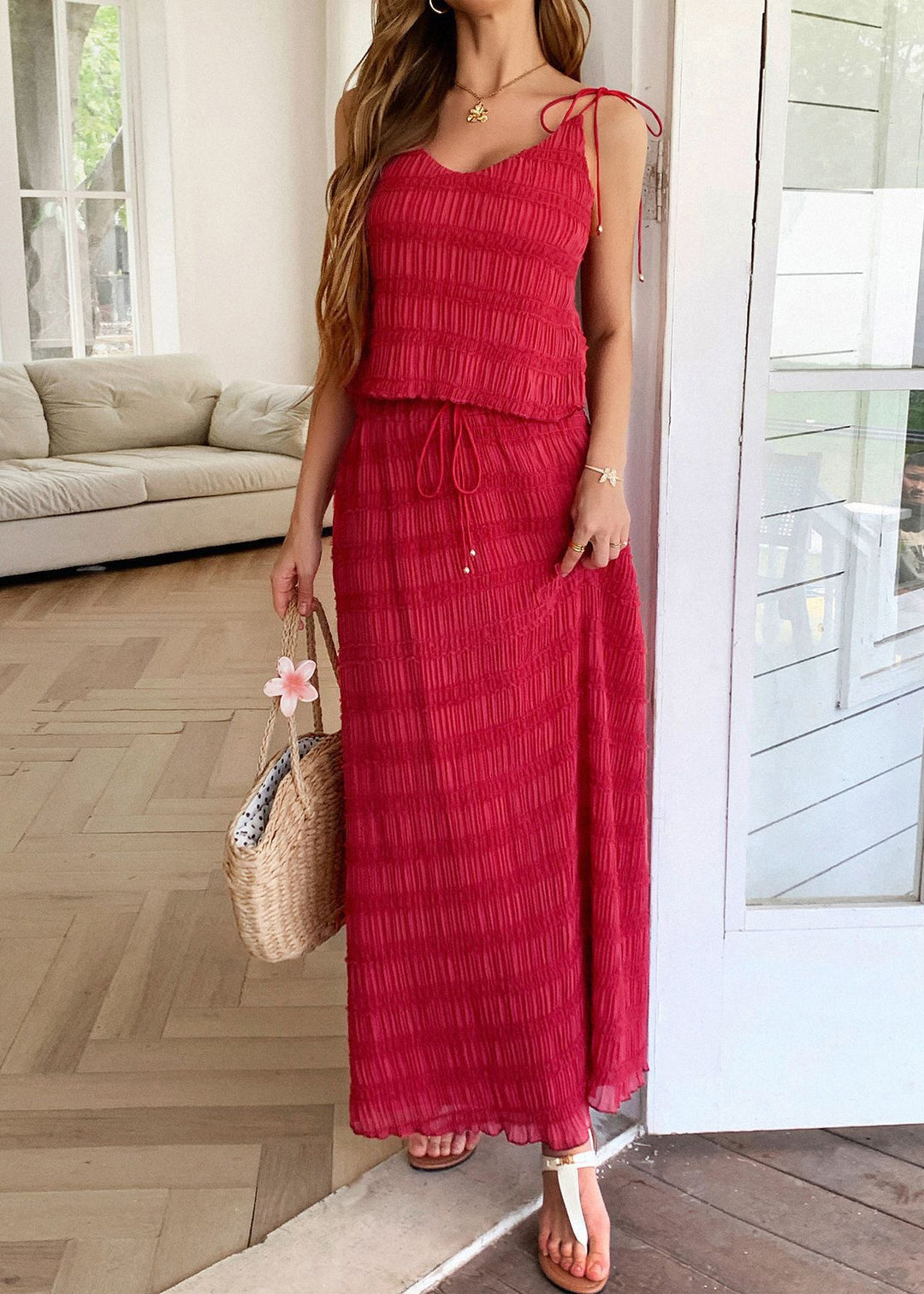 Stylish Apricot Strap Tank And Skirts Two Pieces Set Summer