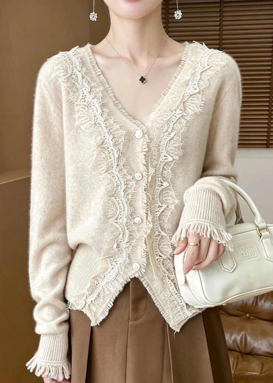 Stylish Apricot V Neck Lace Patchwork Knit Cardigan Fall
