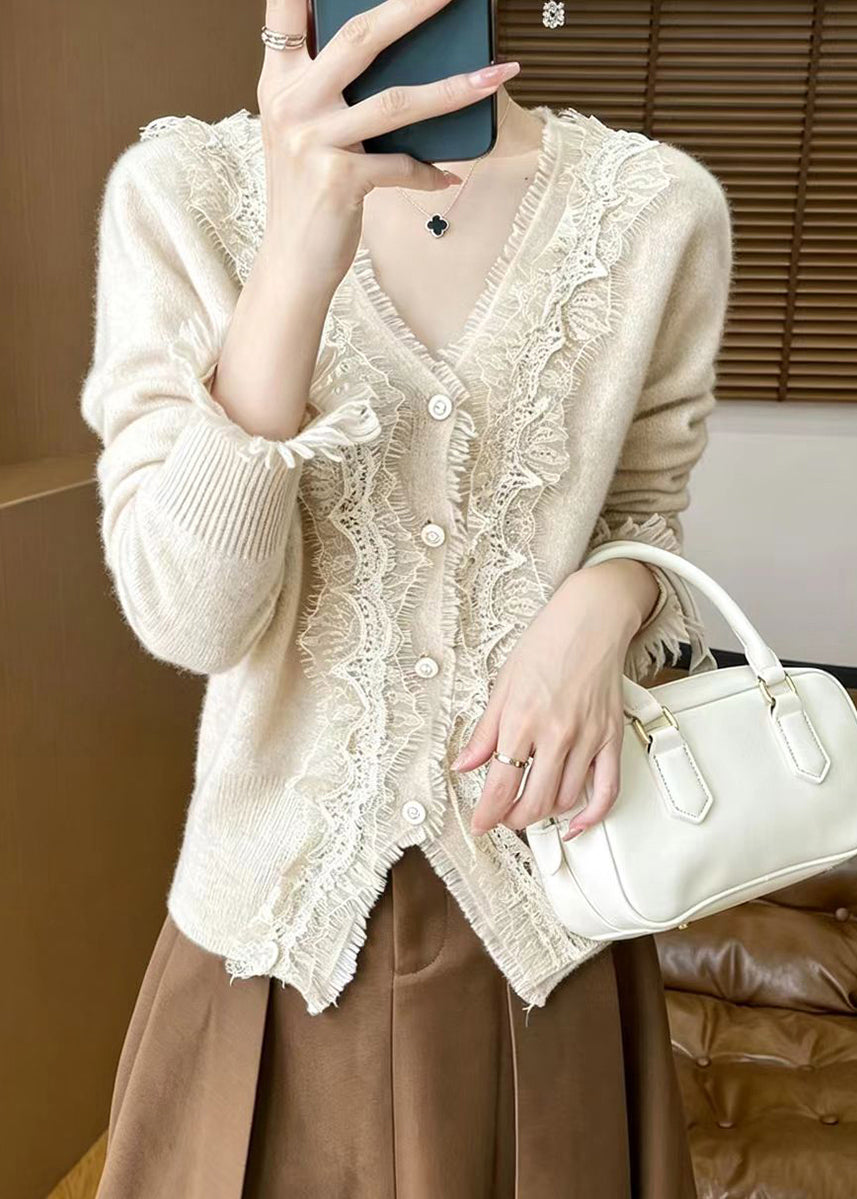 Stylish Apricot V Neck Lace Patchwork Knit Cardigan Fall