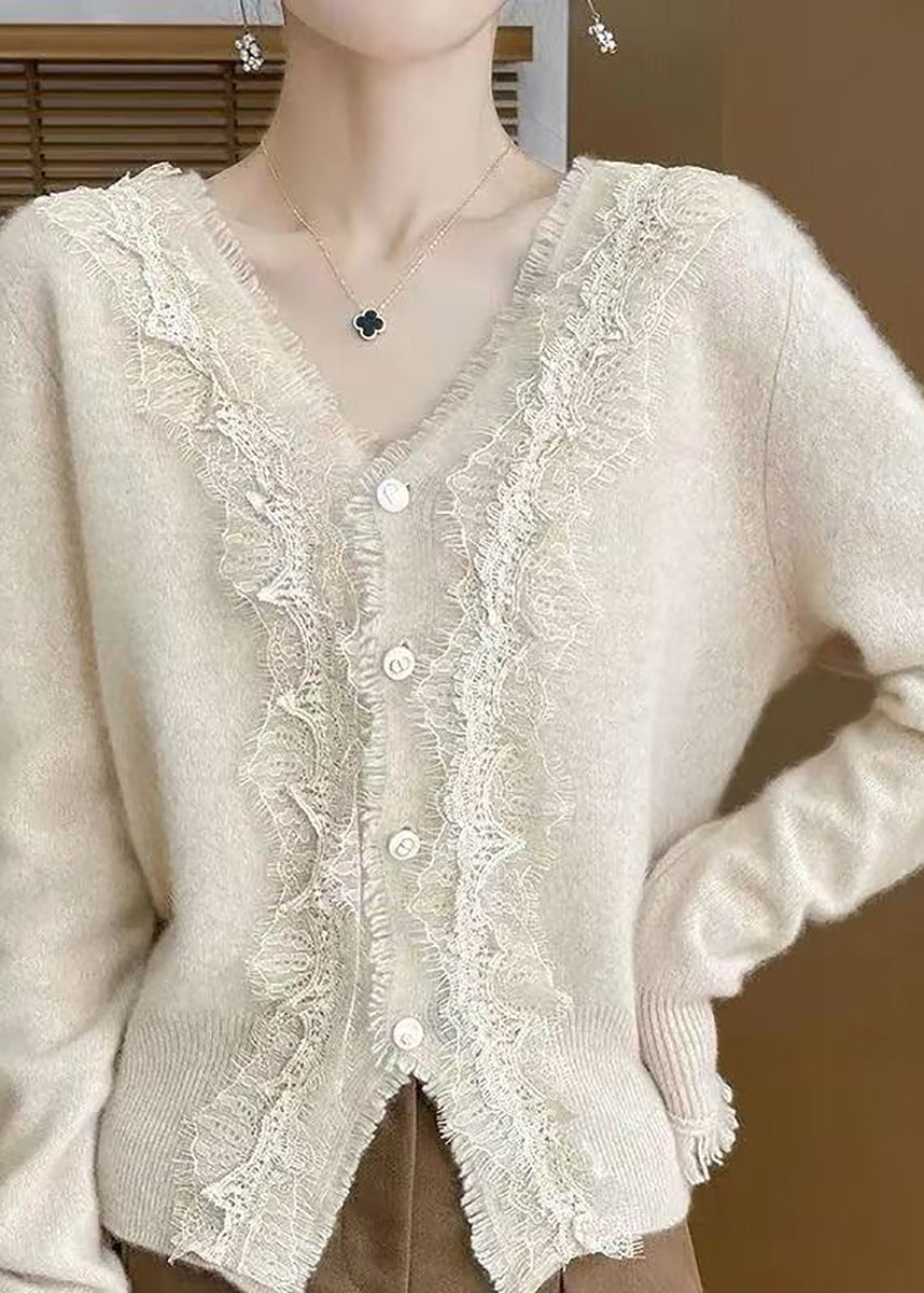 Stylish Apricot V Neck Lace Patchwork Knit Cardigan Fall